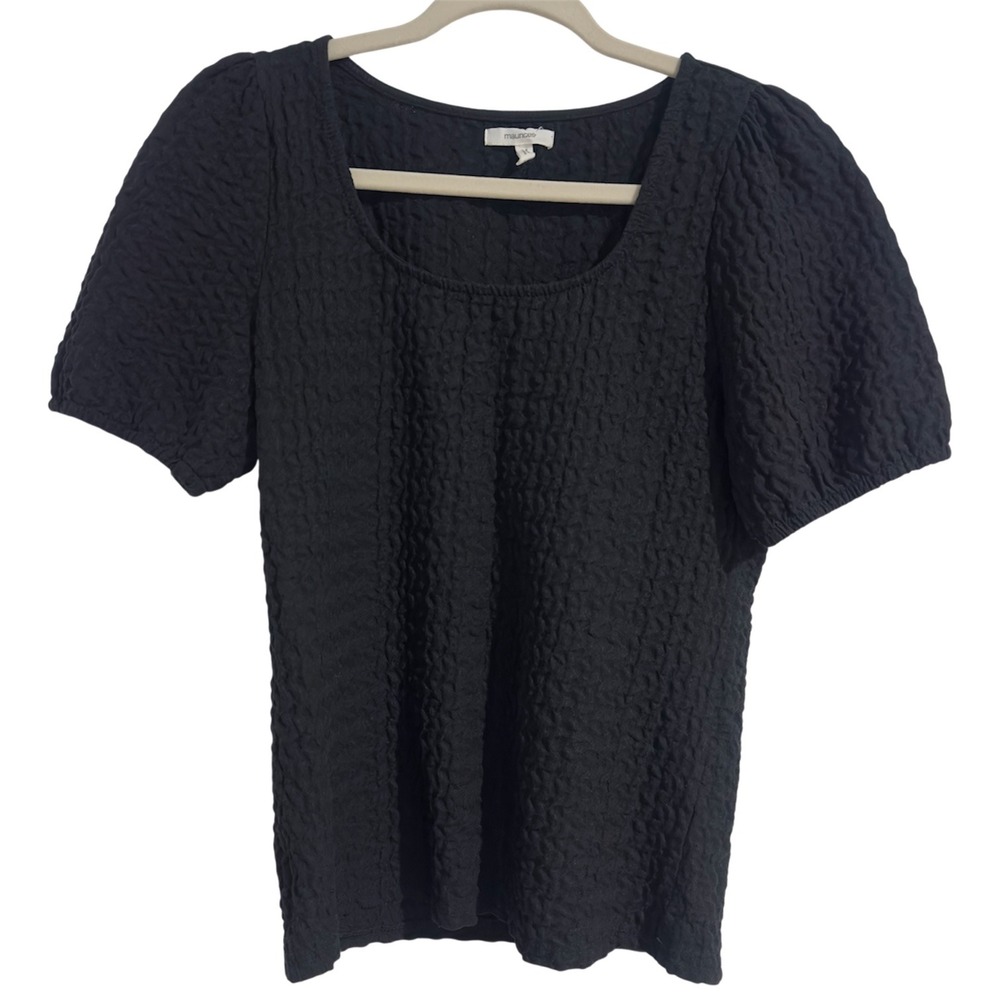Maurices Womens XS Black Textured Puff Sleeve Scoop Neck Stretch Top Blouse